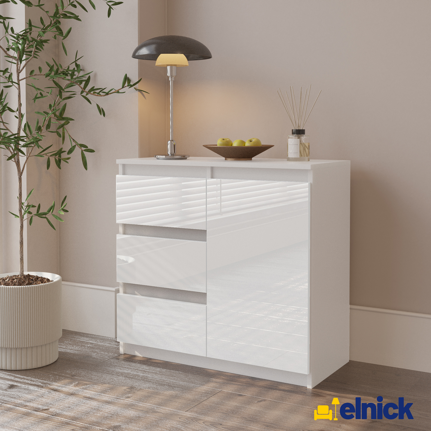 MIKEL - Kommode / Sideboard mit 3 Schubladen und 1 Tür - Weiß Matt / Weiß Gloss