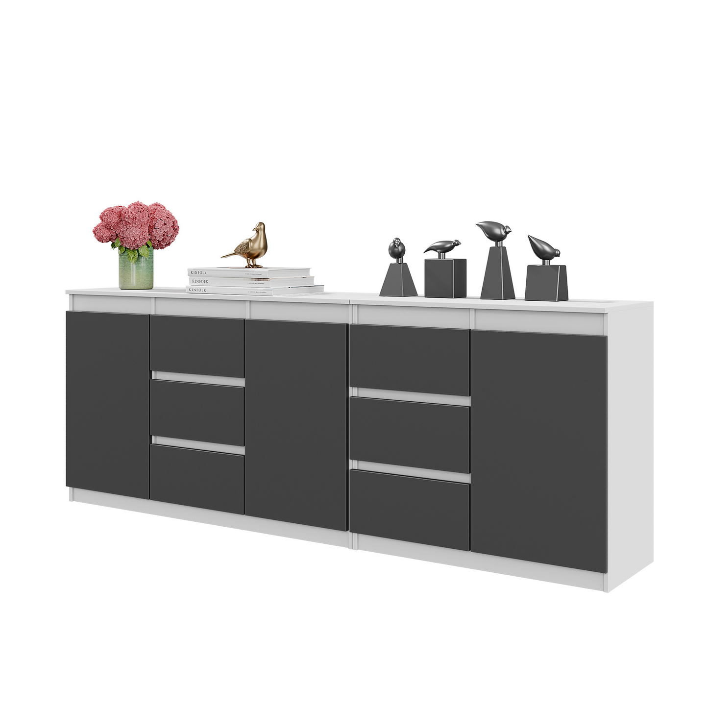 MIKEL - Kommode / Sideboard mit 6 Schubladen und 3 Türen - Weiß Matt / Anthrazit Grau