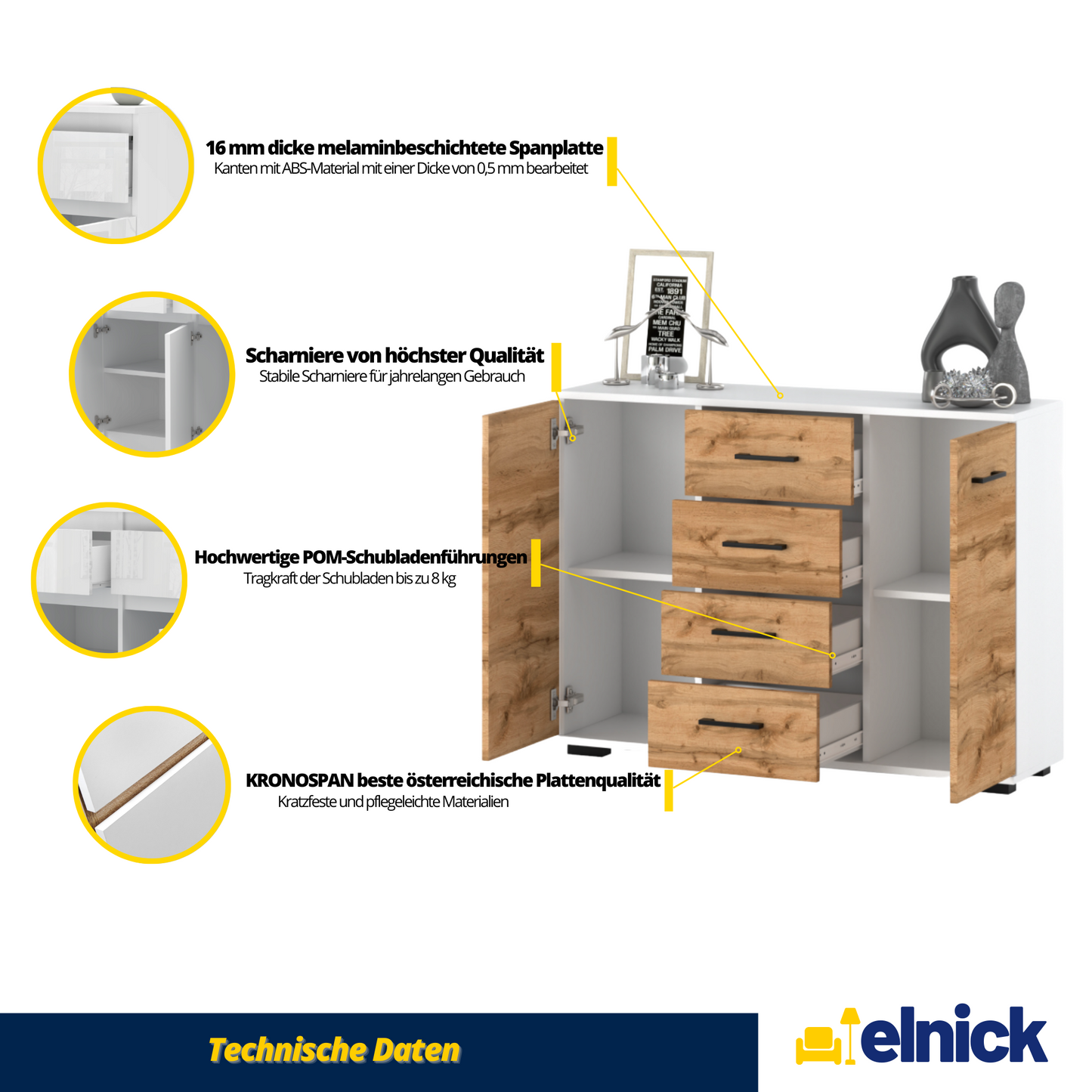MARK - Kommode / Sideboard mit 4 Schubladen und 2 Türen - Weiß Matt