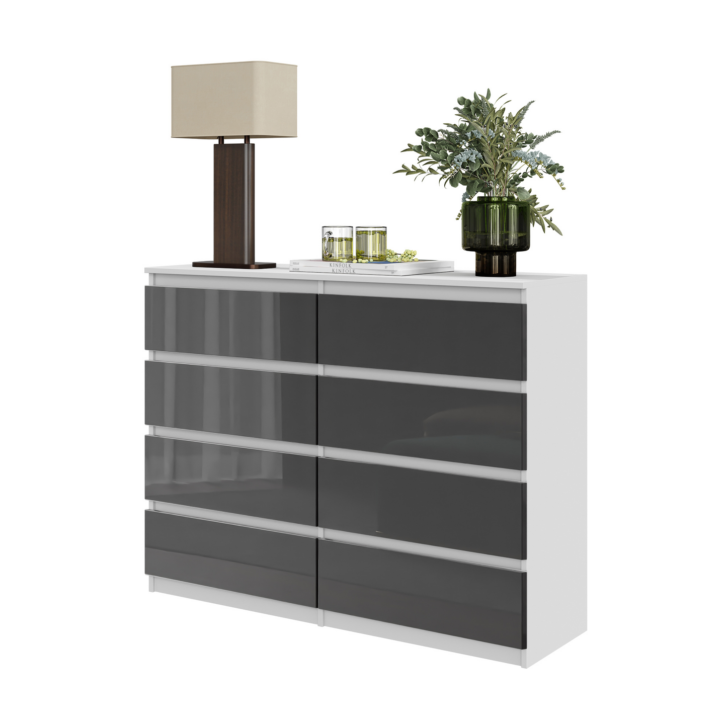 GABRIEL - Kommode / Sideboard mit 8 Schubladen - Weiß Matt / Anthrazit Grau Gloss