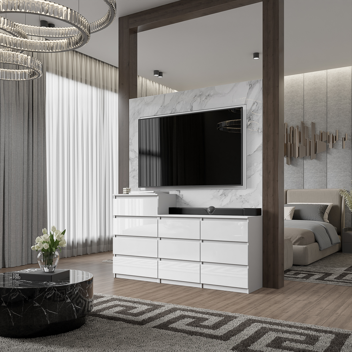 GABRIEL - Kommode / Sideboard mit 10 Schubladen (6+4) - Weiß Gloss