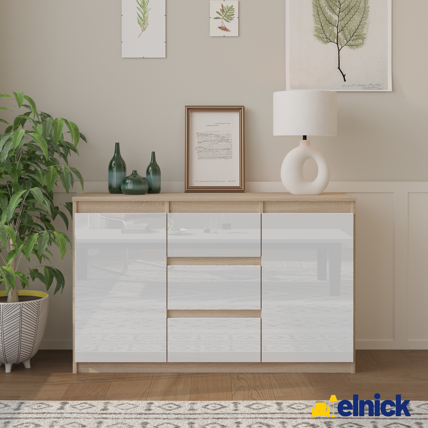 MIKEL - Kommode / Sideboard mit 3 Schubladen und 2 Türen - Sonoma Eiche / Weiß Gloss