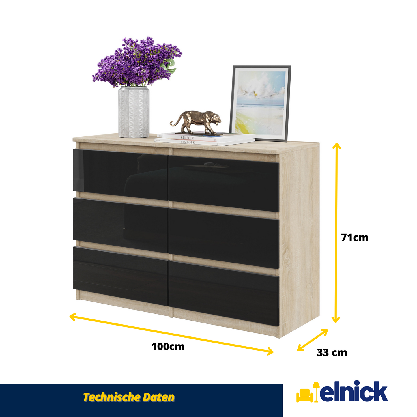 GABRIEL - Kommode / Sideboard mit 6 Schubladen - Sonoma Eiche / Schwarz Glanz H71cm B100cm T33cm