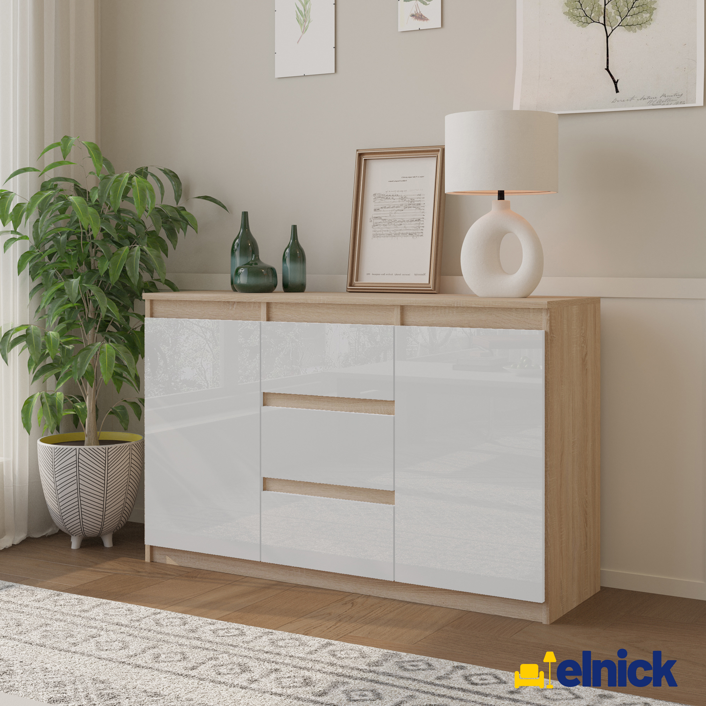 MIKEL - Kommode / Sideboard mit 3 Schubladen und 2 Türen - Sonoma Eiche / Weiß Gloss