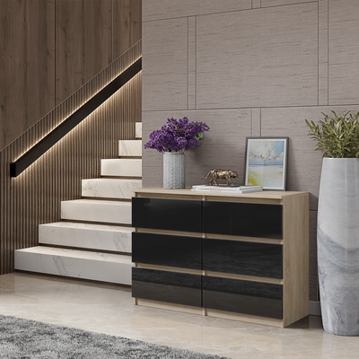 GABRIEL - Kommode / Sideboard mit 6 Schubladen - Sonoma Eiche / Schwarz Glanz H71cm B100cm T33cm