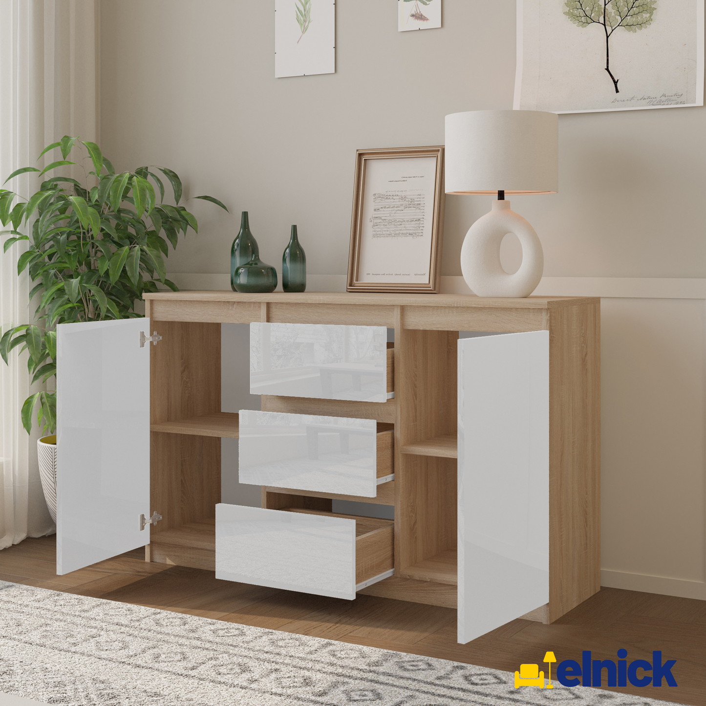 MIKEL - Kommode / Sideboard mit 3 Schubladen und 2 Türen - Sonoma Eiche / Weiß Gloss
