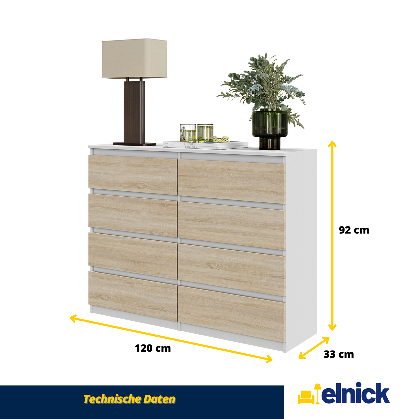 GABRIEL - Kommode / Sideboard mit 8 Schubladen - Weiß Matt / Sonoma Eiche H92cm B120cm T33cm H92cm B120cm T33cm