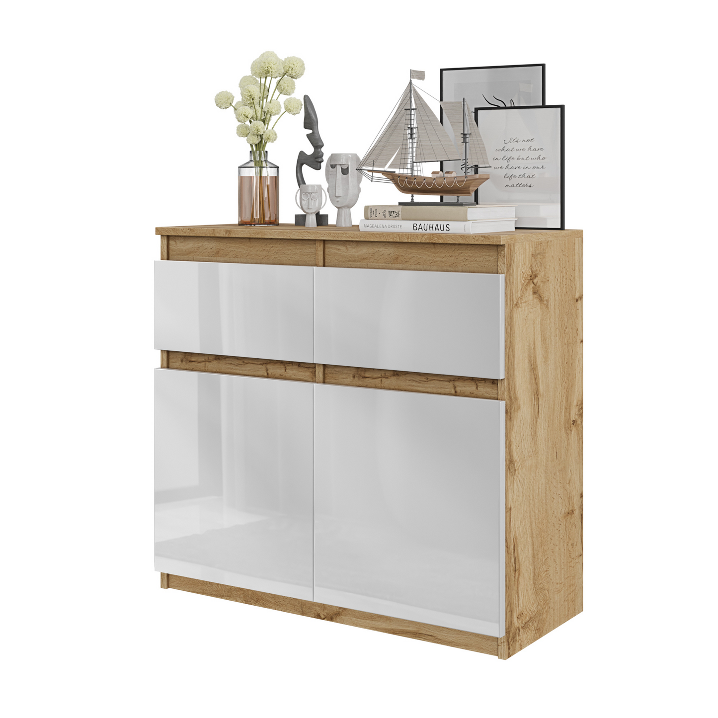 NOAH - Kommode / Sideboard mit 2 Schubladen und 2 Türen - Wotan Eiche / Weiß Gloss