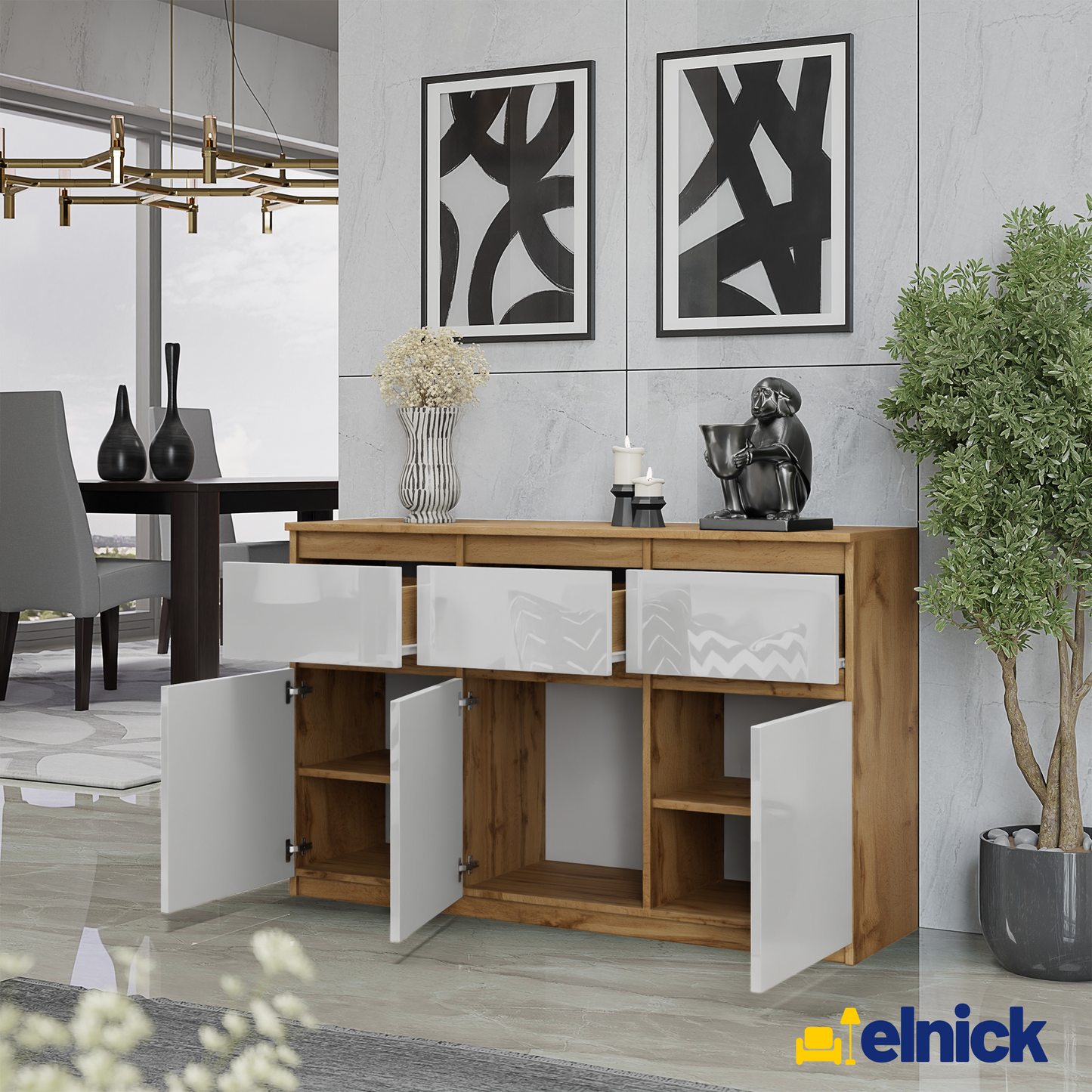 NOAH - Kommode / Sideboard mit 3 Schubladen und 3 Türen - Wotan Eiche / Weiß Gloss