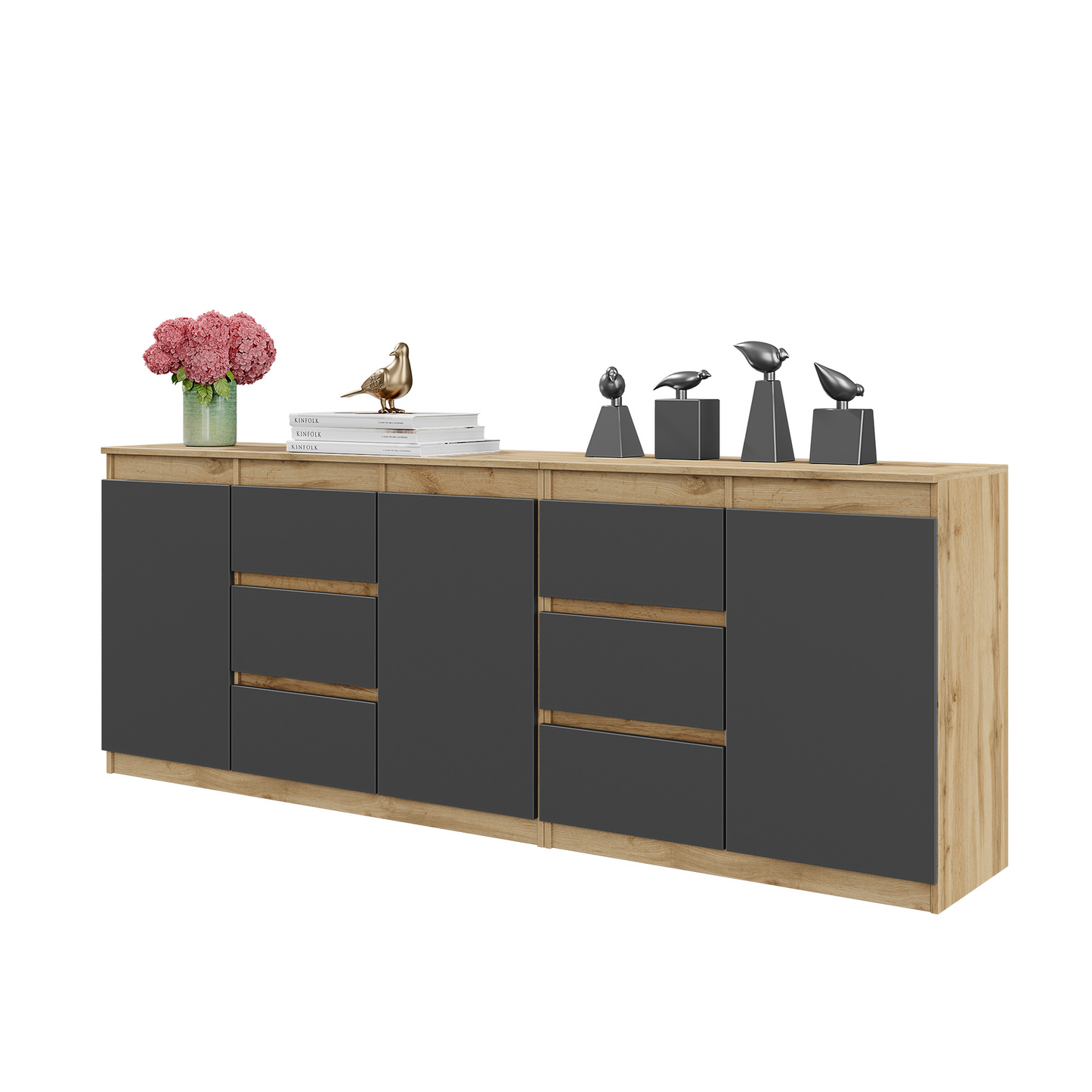 MIKEL - Kommode / Sideboard mit 6 Schubladen und 3 Türen - Wotan Eiche / Anthrazit Grau