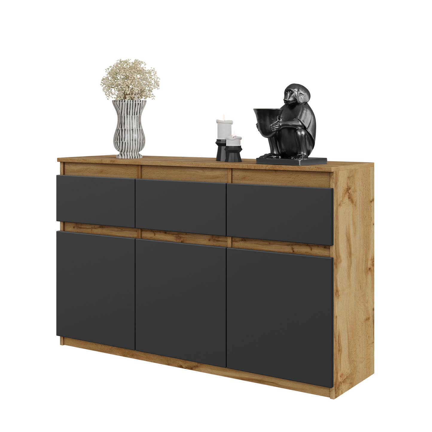 NOAH - Kommode / Sideboard mit 3 Schubladen und 3 Türen - Wotan Eiche / Anthrazit Grau