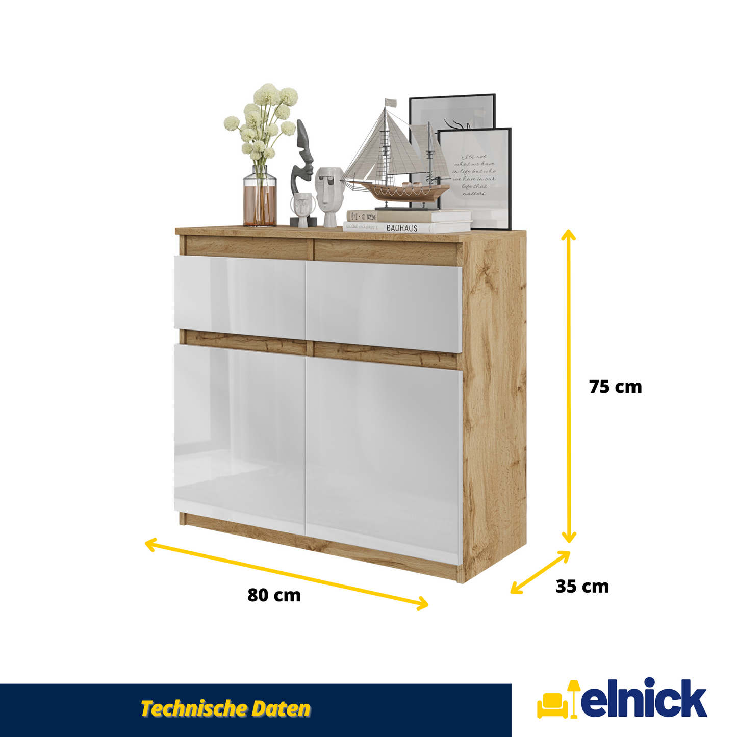 NOAH - Kommode / Sideboard mit 2 Schubladen und 2 Türen - Wotan Eiche / Weiß Gloss