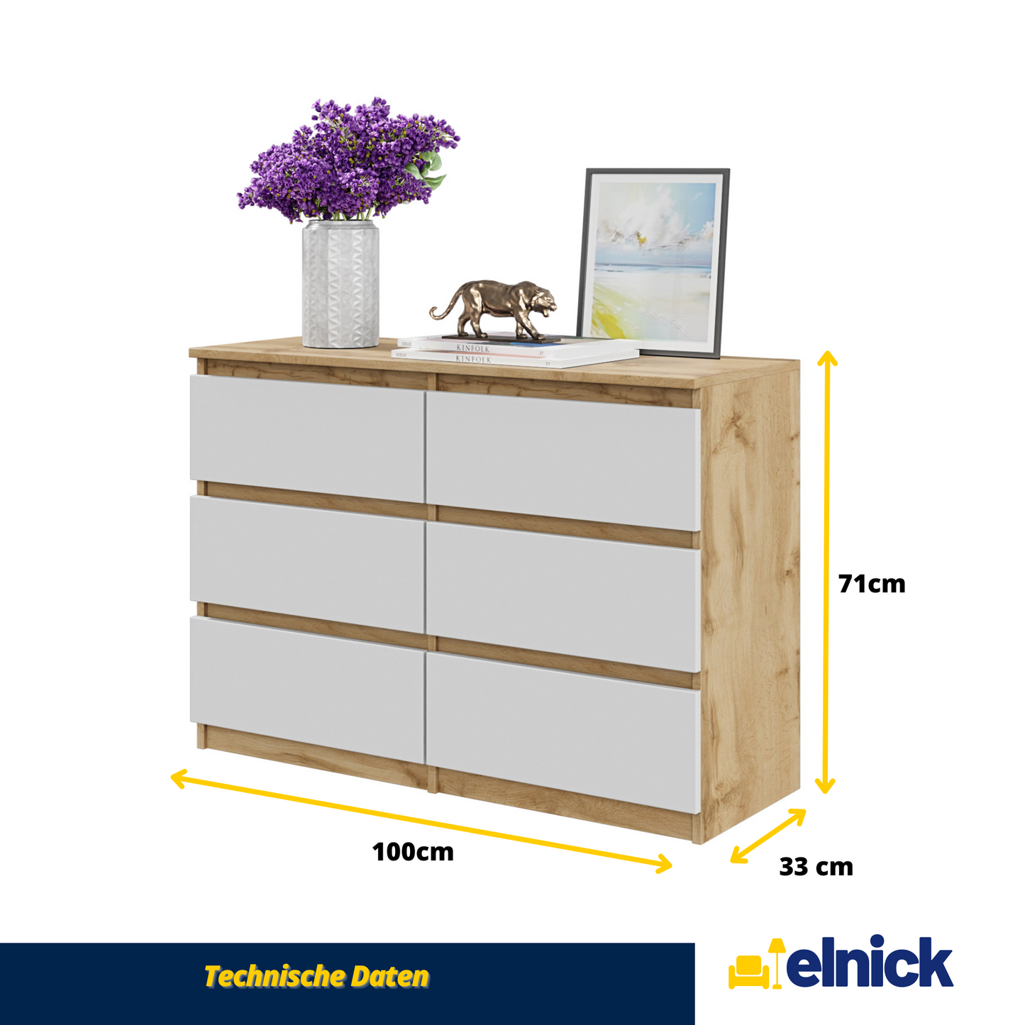 GABRIEL - Kommode / Sideboard mit 6 Schubladen - Wotan Oak / White Matt H71cm B100cm T33cm