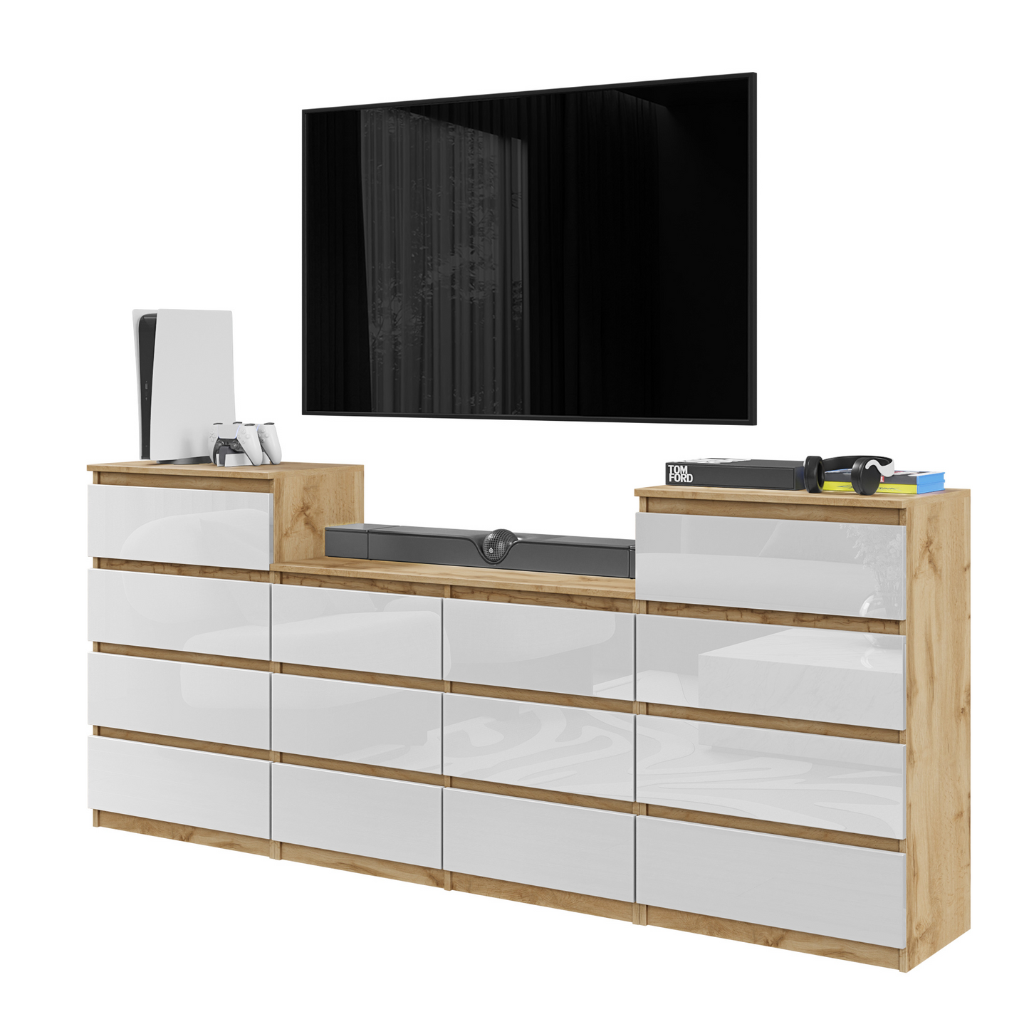 GABRIEL - Kommode / Sideboard mit 14 Schubladen (4+6+4) - Wotan Eiche / Weiß Gloss