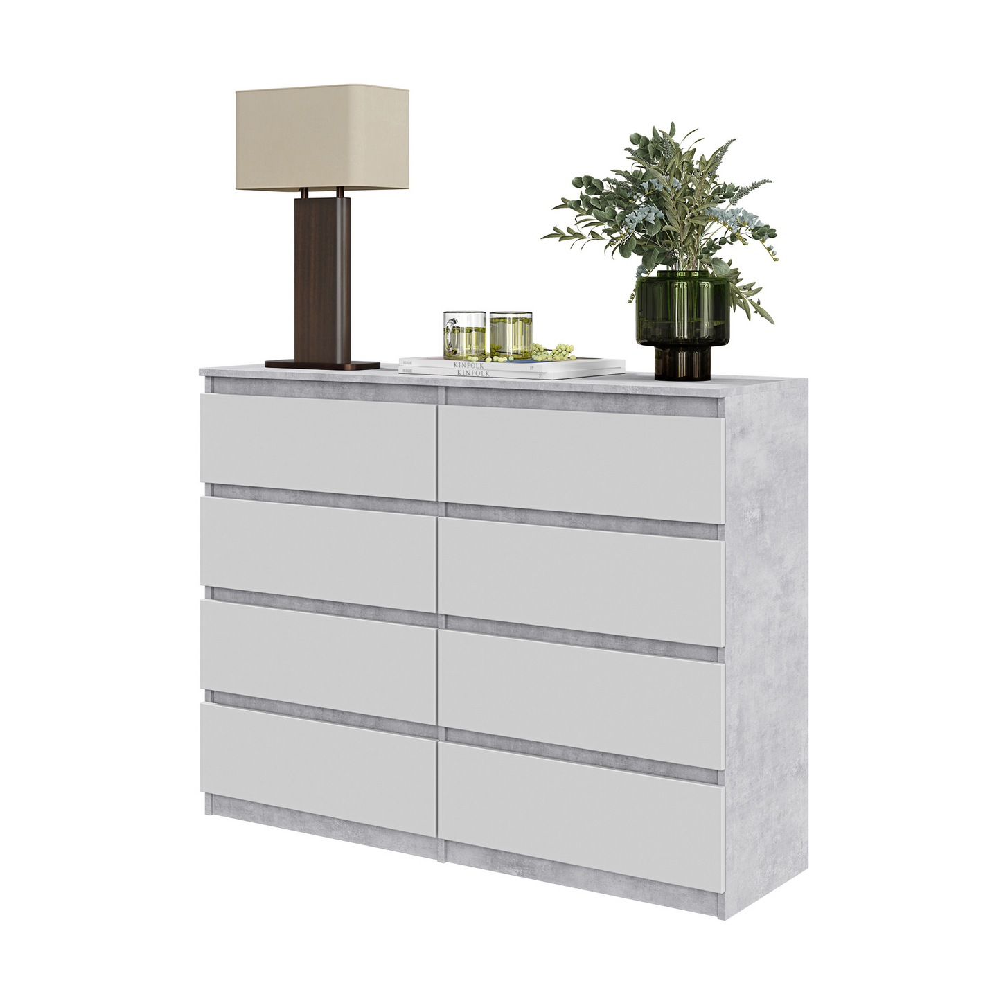 GABRIEL - Kommode / Sideboard mit 8 Schubladen - Beton / Weiß Matt H92cm B120cm T33cm