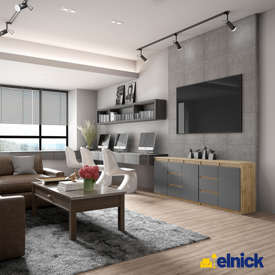 MIKEL - Kommode / Sideboard mit 6 Schubladen und 3 Türen - Wotan Eiche / Anthrazit Grau