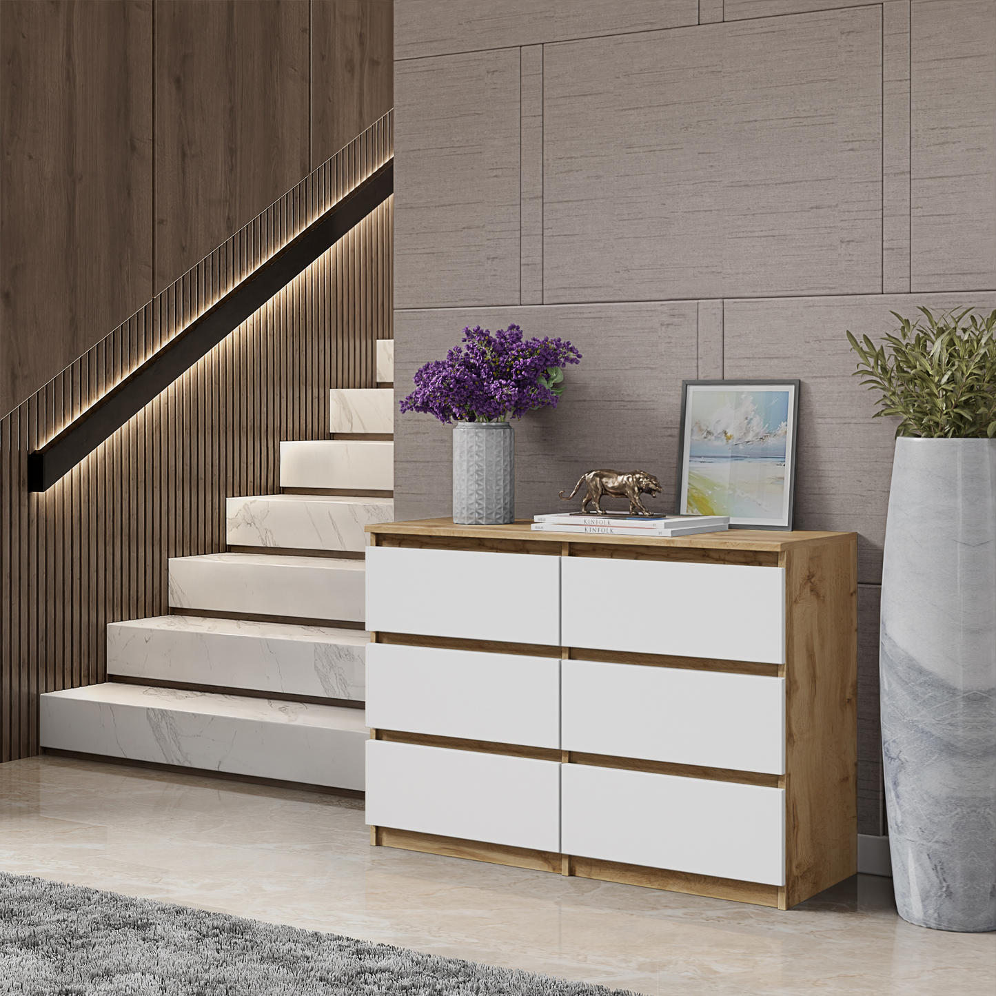 GABRIEL - Kommode / Sideboard mit 6 Schubladen - Wotan Oak / White Matt H71cm B100cm T33cm
