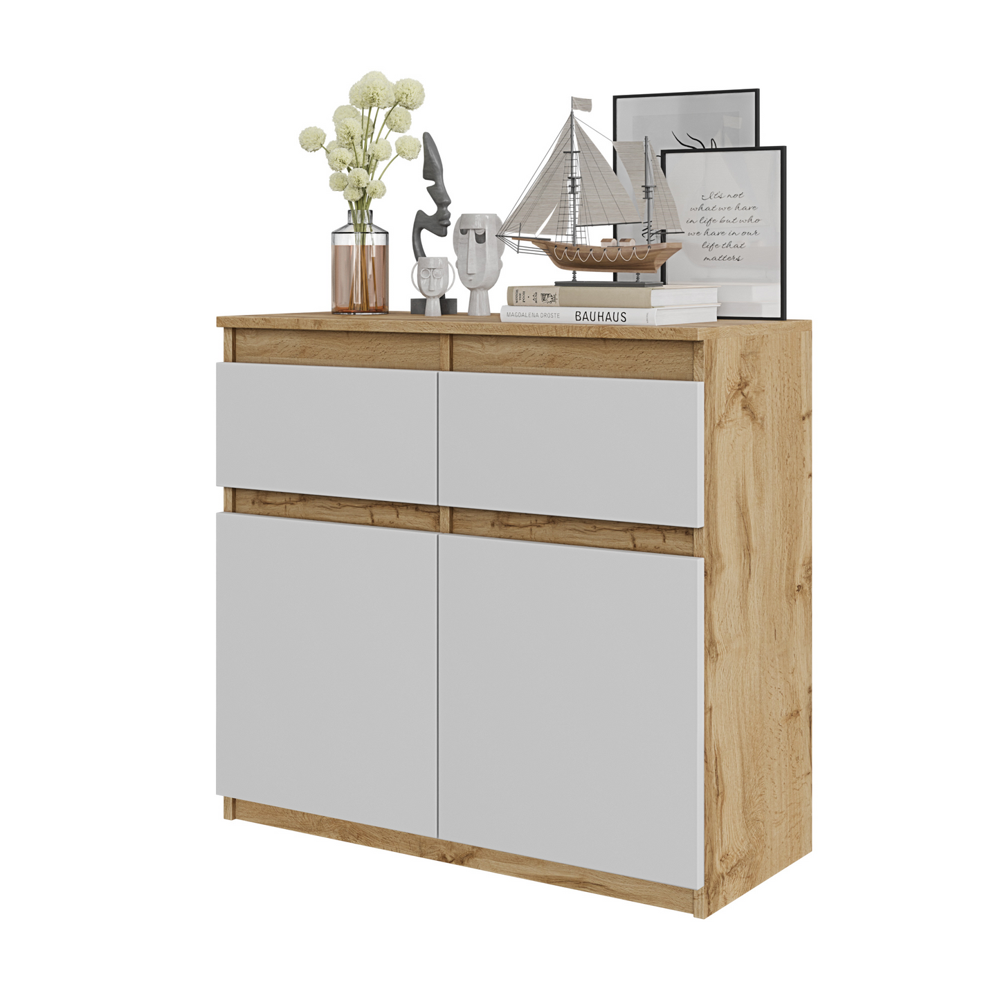 NOAH - Kommode / Sideboard mit 2 Schubladen und 2 Türen - Wotan Eiche / Weiß Matt