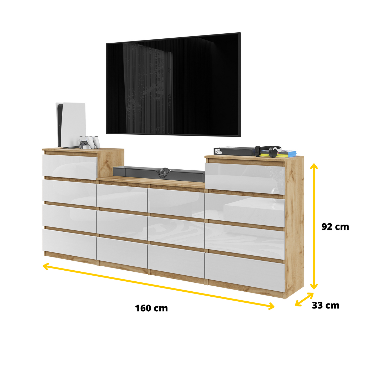 GABRIEL - Kommode / Sideboard mit 14 Schubladen (4+6+4) - Wotan Eiche / Weiß Gloss