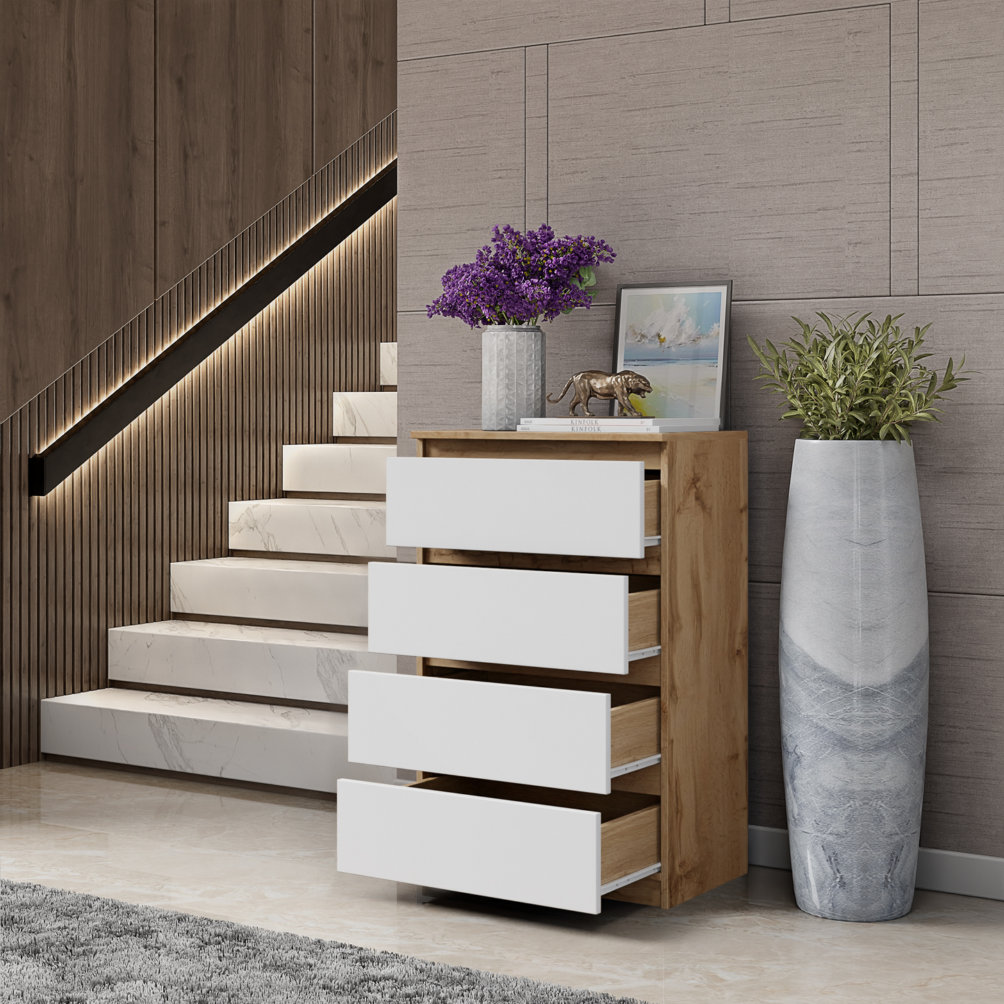 GABRIEL - Kommode / Sideboard mit 4 Schubladen - Wotan Oak / White Matt H92cm B60cm T33cm