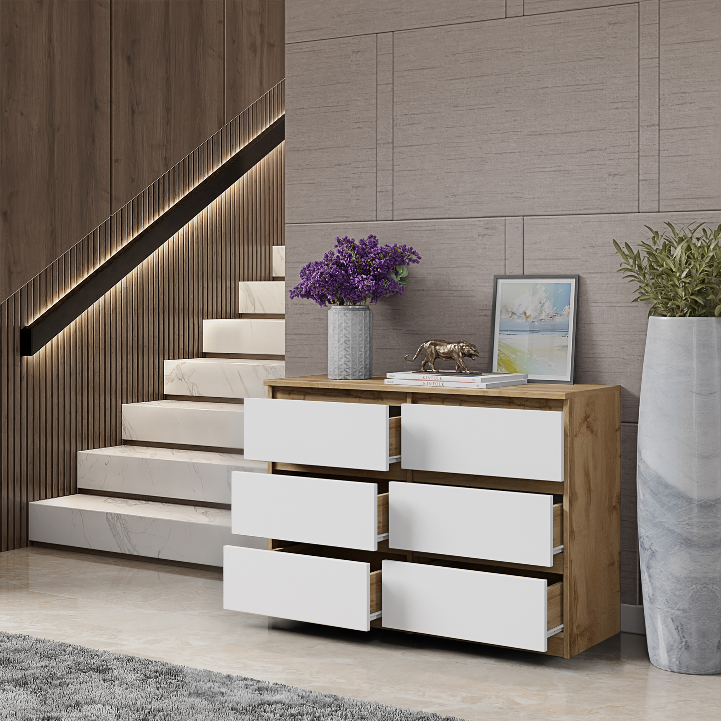 GABRIEL - Kommode / Sideboard mit 6 Schubladen - Wotan Oak / White Matt H71cm B100cm T33cm