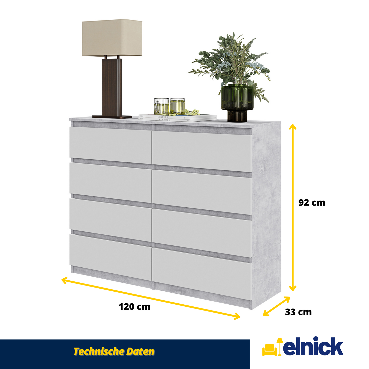 GABRIEL - Kommode / Sideboard mit 8 Schubladen - Beton / Weiß Matt H92cm B120cm T33cm
