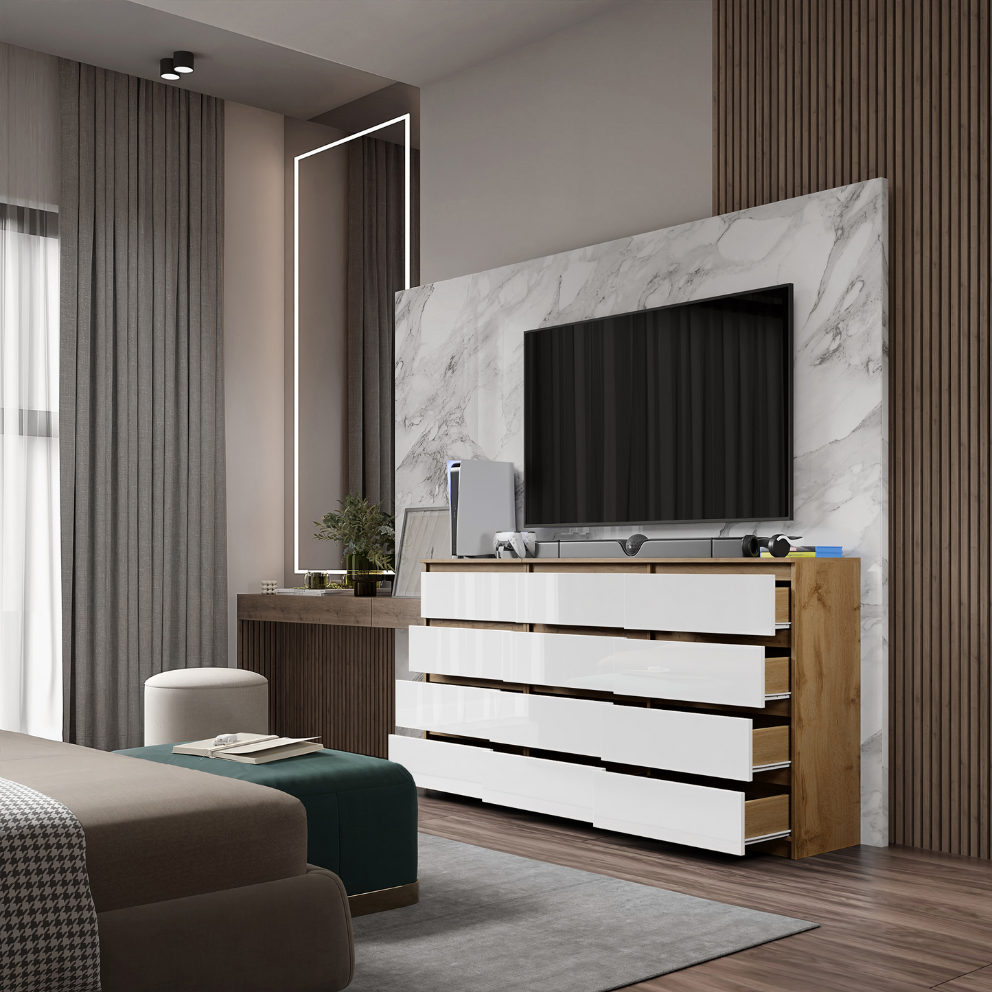 GABRIEL - Kommode / Sideboard mit 12 Schubladen (8+4) - Wotan Eiche / Weiß Gloss