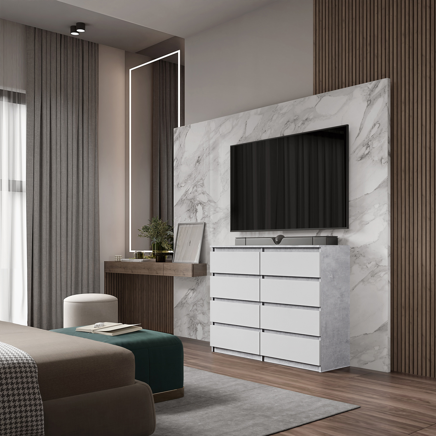 GABRIEL - Kommode / Sideboard mit 8 Schubladen - Beton / Weiß Matt H92cm B120cm T33cm