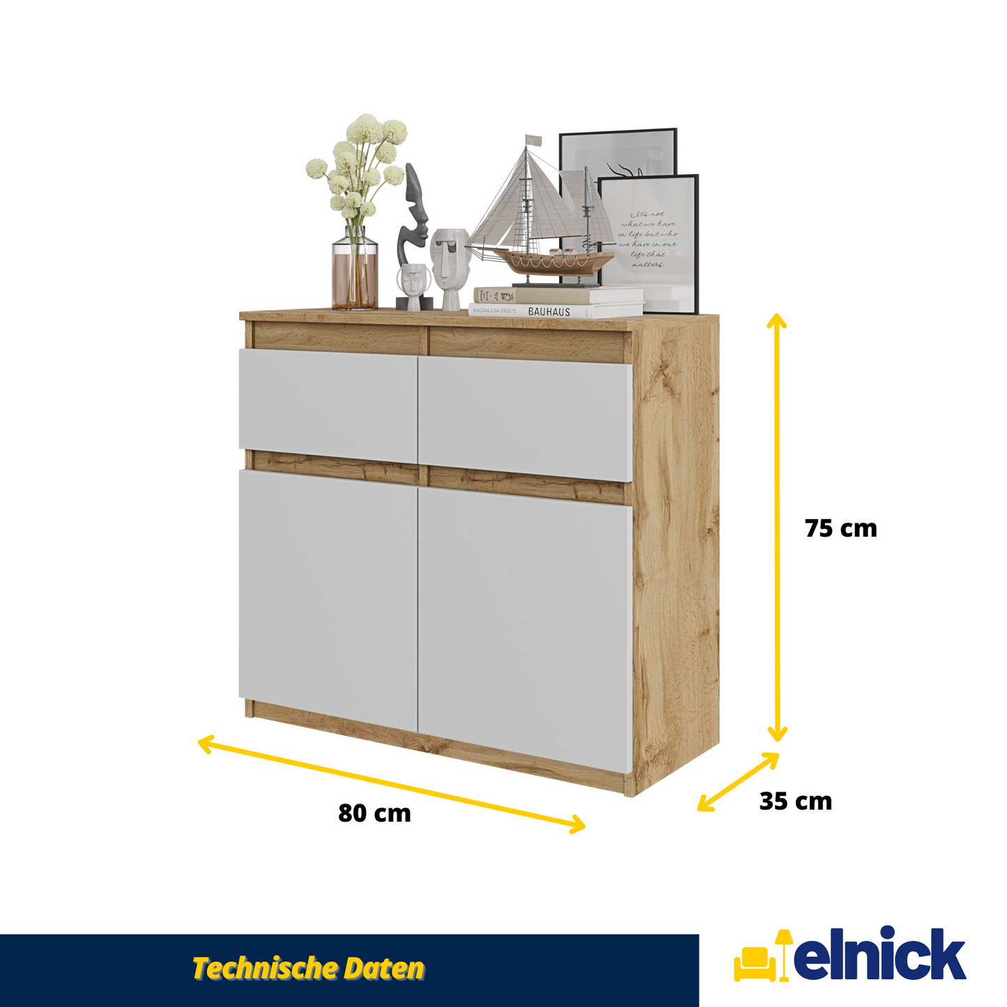 NOAH - Kommode / Sideboard mit 2 Schubladen und 2 Türen - Wotan Eiche / Weiß Matt