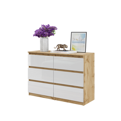 GABRIEL - Kommode / Sideboard mit 6 Schubladen - Wotan Eiche / Weiß Glanz H71cm B100cm T33cm