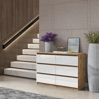 GABRIEL - Kommode / Sideboard mit 6 Schubladen - Wotan Eiche / Weiß Glanz H71cm B100cm T33cm