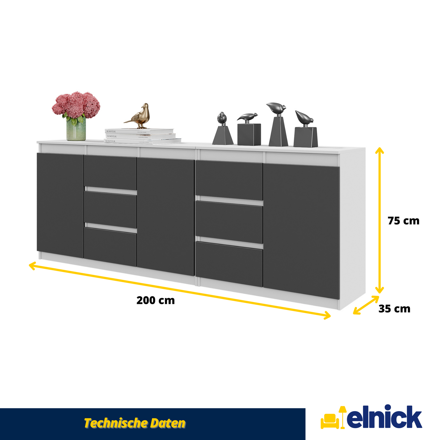 MIKEL - Kommode / Sideboard mit 6 Schubladen und 3 Türen - Weiß Matt / Anthrazit Grau