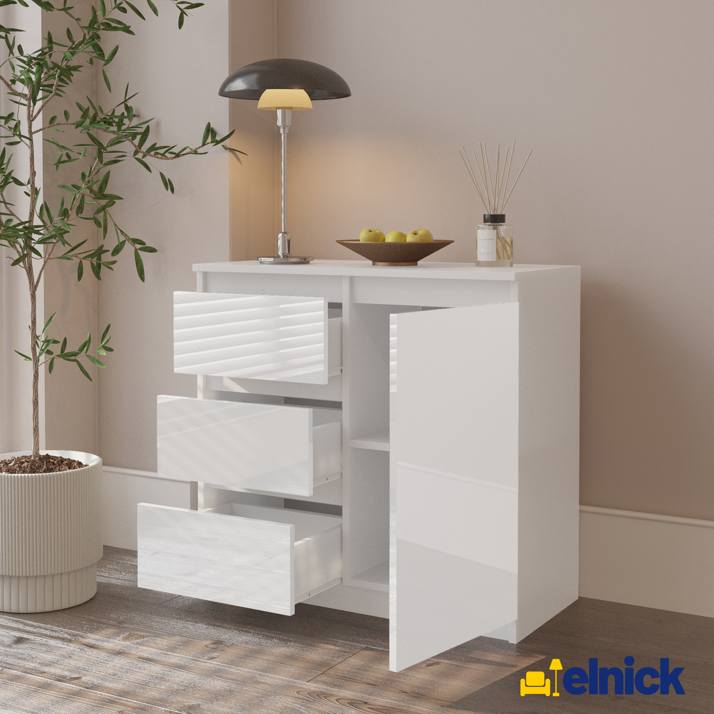 MIKEL - Kommode / Sideboard mit 3 Schubladen und 1 Tür - Weiß Matt / Weiß Gloss