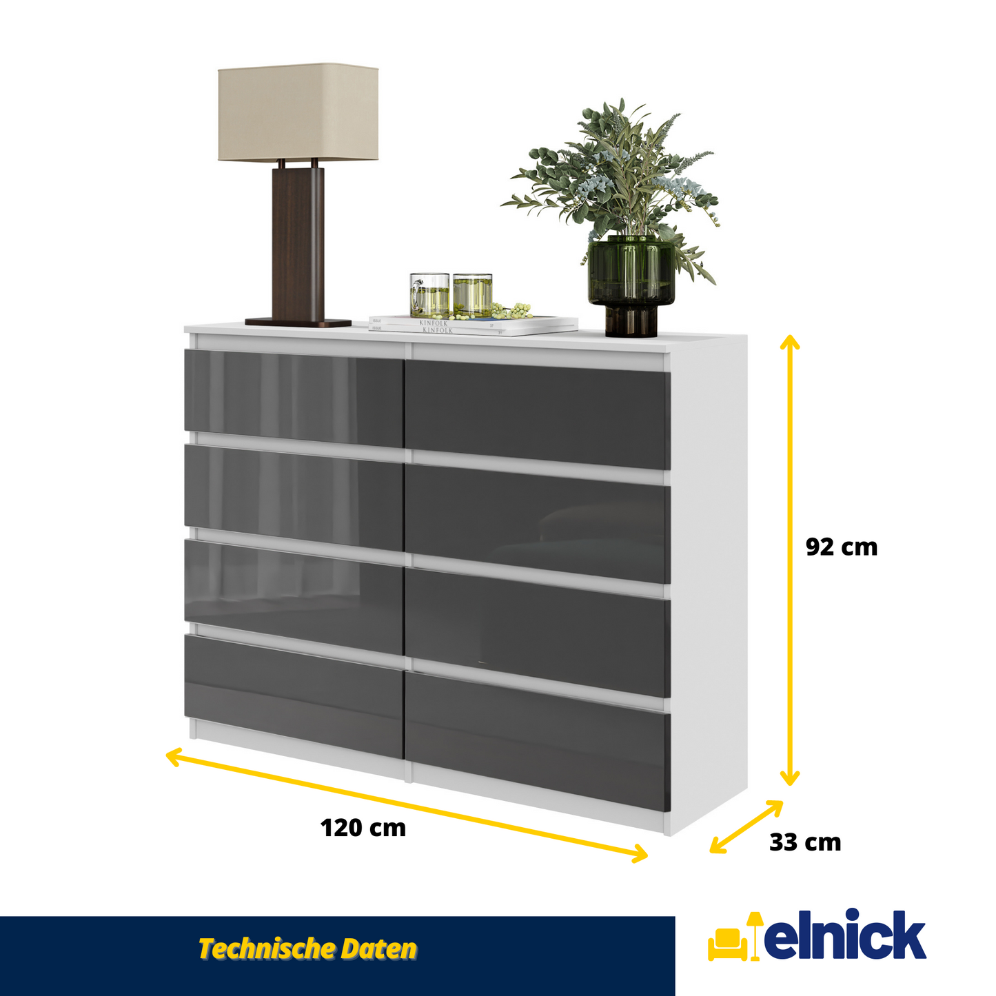GABRIEL - Kommode / Sideboard mit 8 Schubladen - Weiß Matt / Anthrazit Grau Gloss