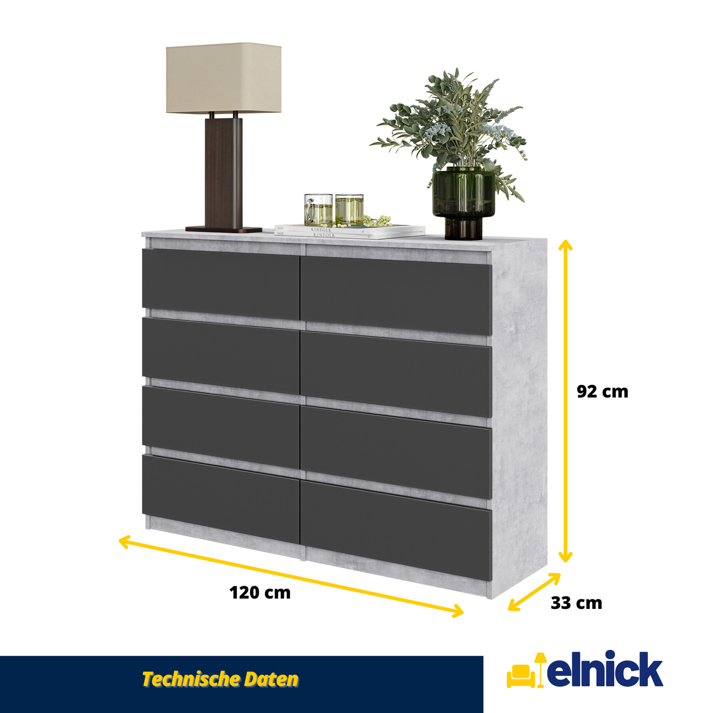 GABRIEL - Kommode / Sideboard mit 8 Schubladen - Beton / Anthrazit H92cm B120cm T33cm