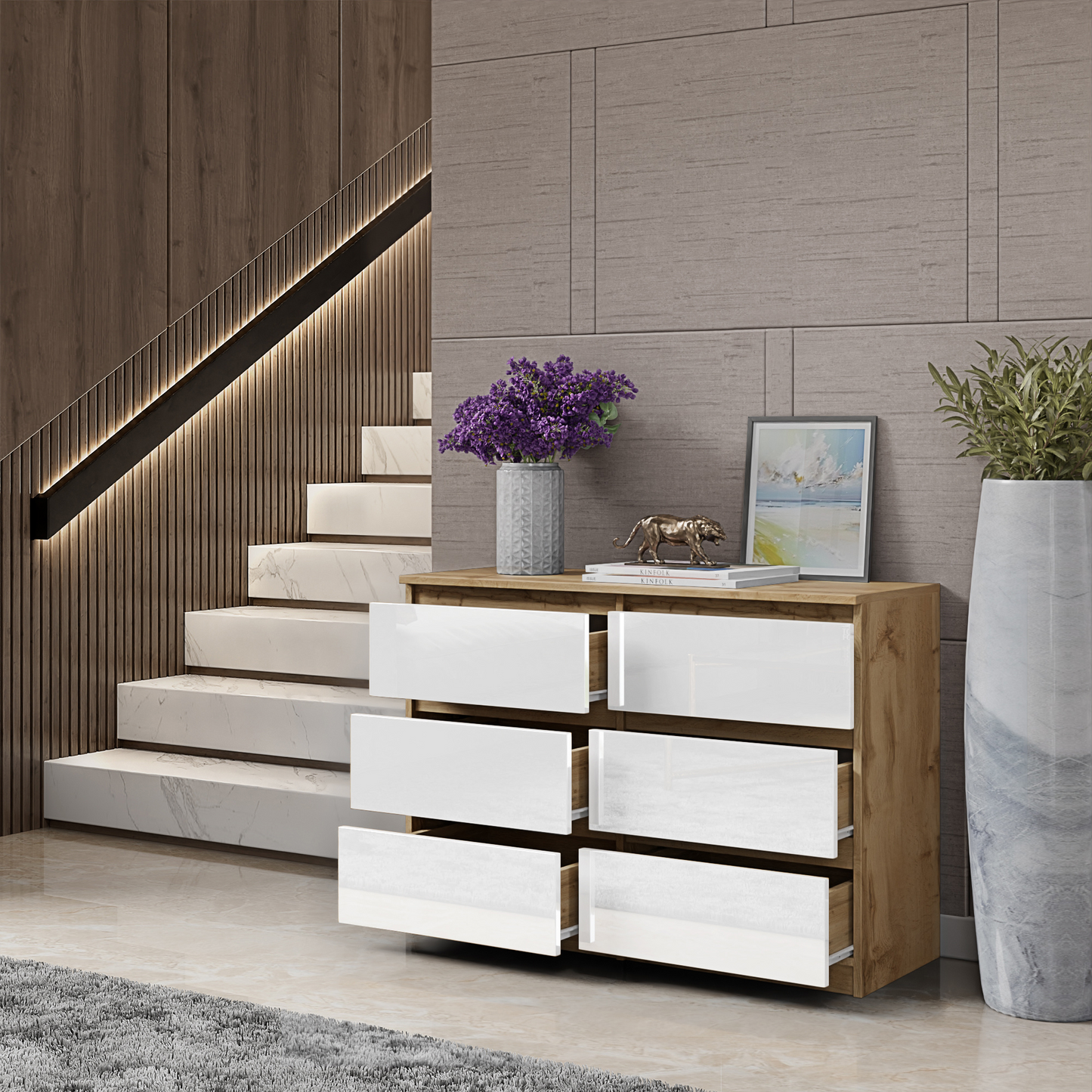 GABRIEL - Kommode / Sideboard mit 6 Schubladen - Wotan Eiche / Weiß Glanz H71cm B100cm T33cm