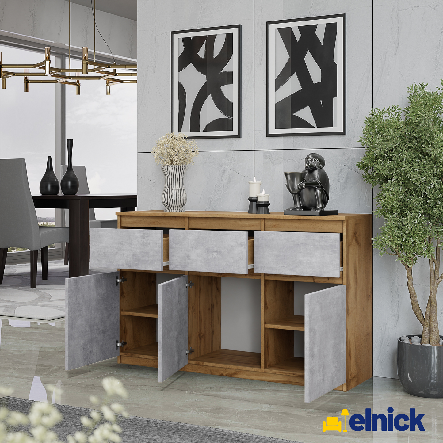 NOAH - Kommode / Sideboard mit 3 Schubladen und 3 Türen - Wotan Eiche / Beton-Optik