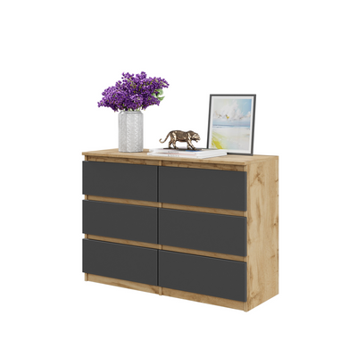 GABRIEL - Kommode / Sideboard mit 6 Schubladen - Wotan Eiche / Anthrazit H71cm B100cm T33cm