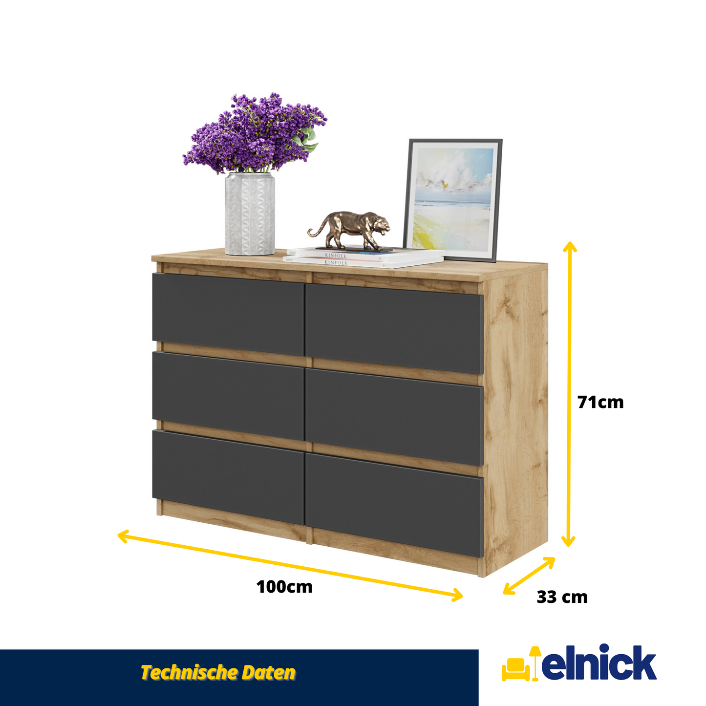 GABRIEL - Kommode / Sideboard mit 6 Schubladen - Wotan Eiche / Anthrazit H71cm B100cm T33cm