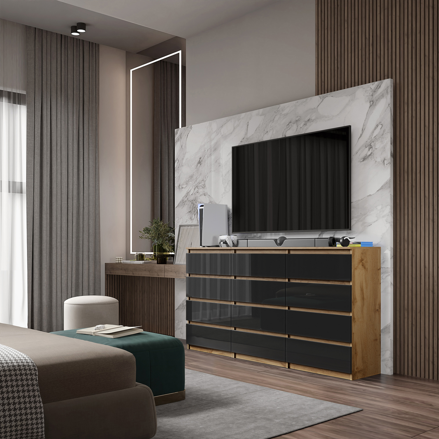GABRIEL - Kommode / Sideboard mit 12 Schubladen (8+4) - Wotan Eiche / Schwarz Gloss