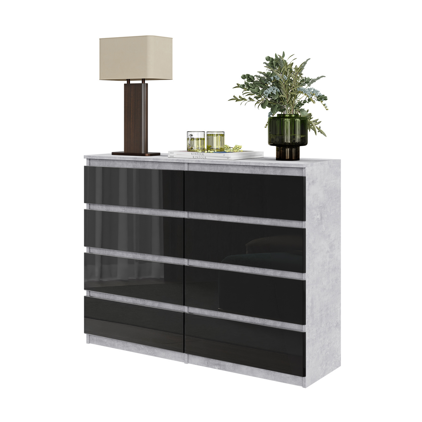 GABRIEL - Kommode / Sideboard mit 8 Schubladen - Beton / Schwarz Glanz H92cm B120cm T33cm