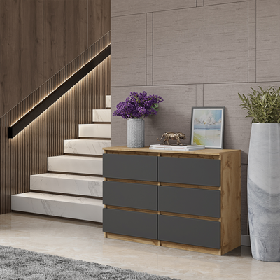 GABRIEL - Kommode / Sideboard mit 6 Schubladen - Wotan Eiche / Anthrazit H71cm B100cm T33cm