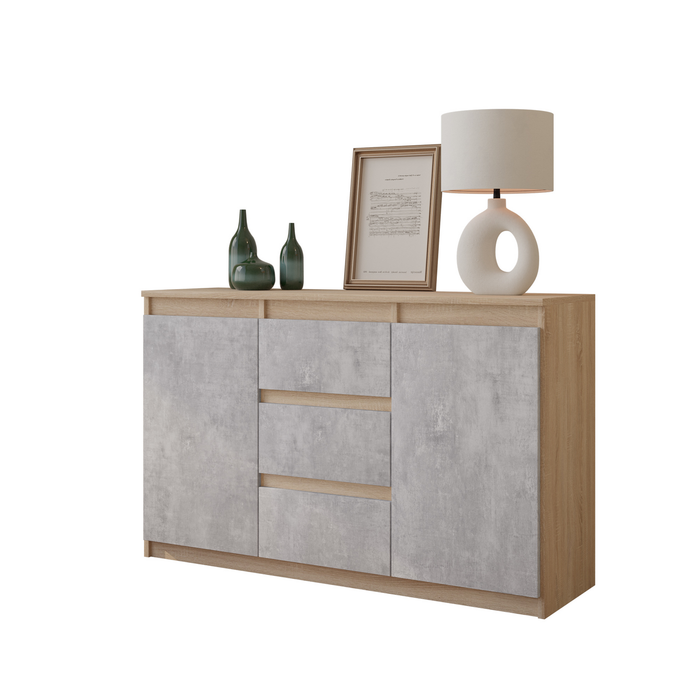 MIKEL - Kommode / Sideboard mit 3 Schubladen und 2 Türen - Sonoma Eiche / Beton-Optik
