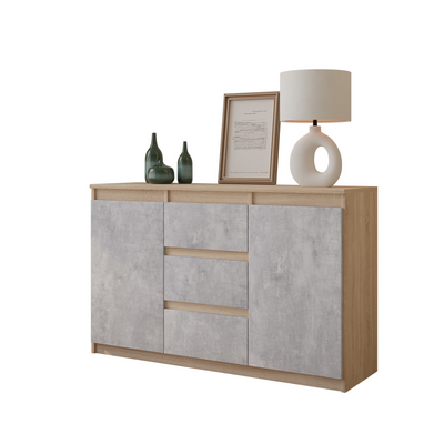 MIKEL - Kommode / Sideboard mit 3 Schubladen und 2 Türen - Sonoma Eiche / Beton-Optik