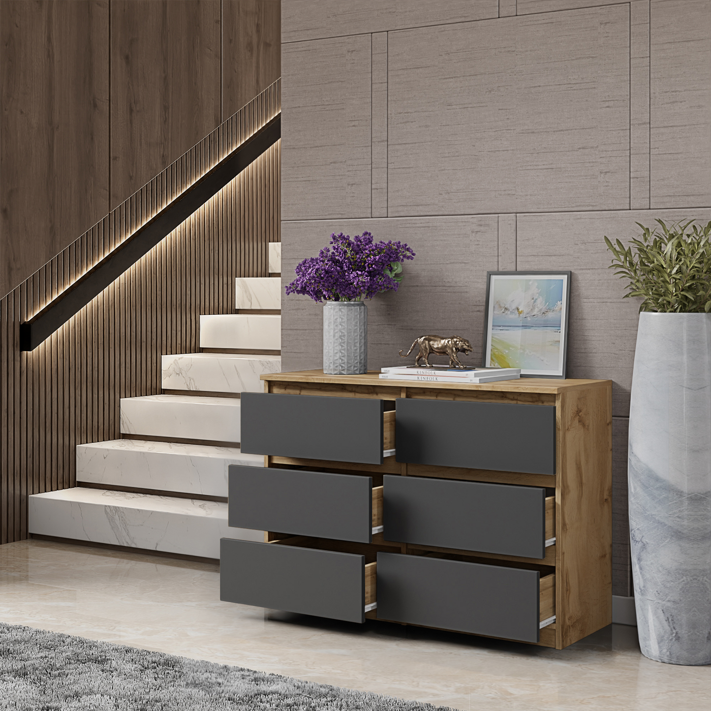 GABRIEL - Kommode / Sideboard mit 6 Schubladen - Wotan Eiche / Anthrazit H71cm B100cm T33cm