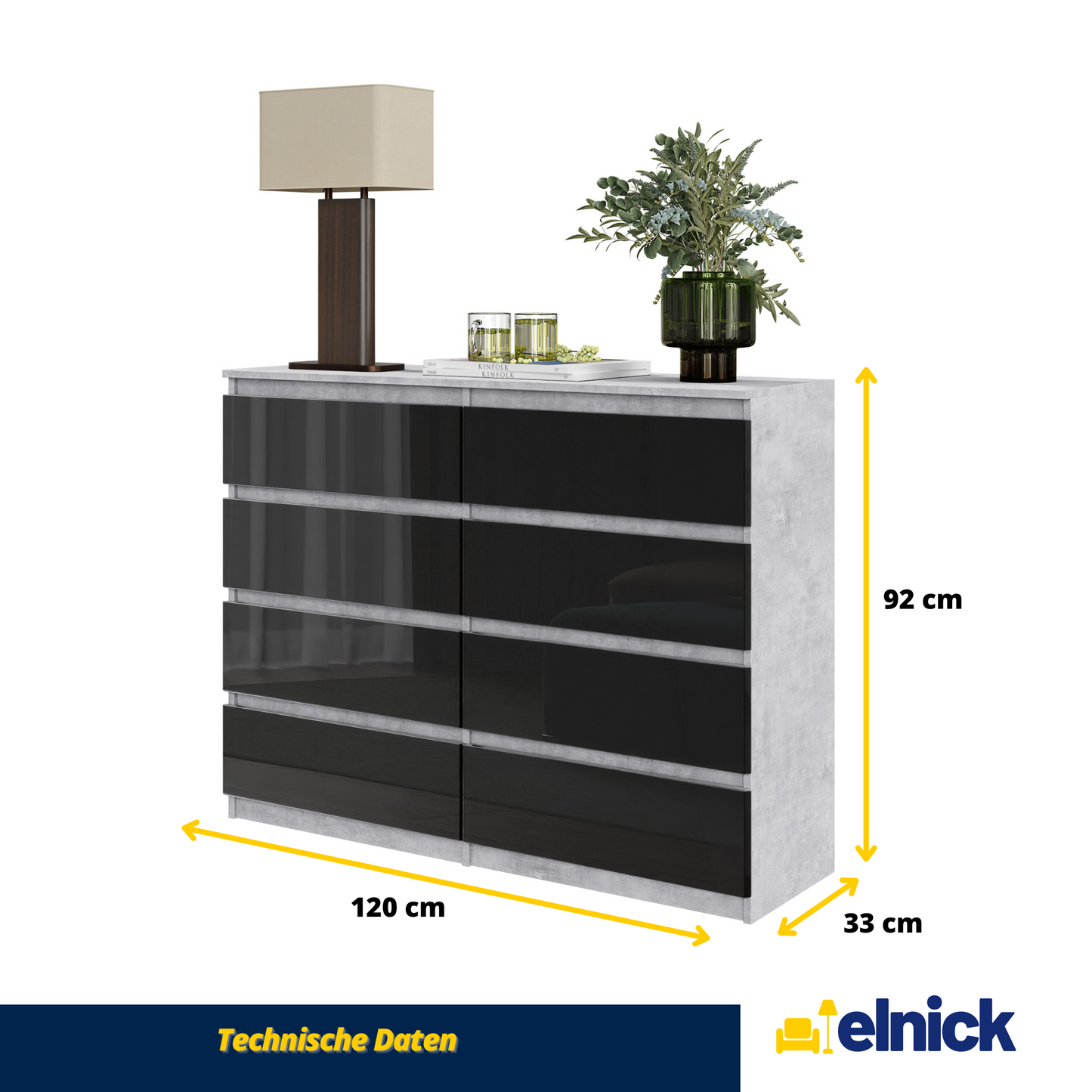 GABRIEL - Kommode / Sideboard mit 8 Schubladen - Beton / Schwarz Glanz H92cm B120cm T33cm