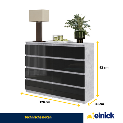 GABRIEL - Kommode / Sideboard mit 8 Schubladen - Beton / Schwarz Glanz H92cm B120cm T33cm