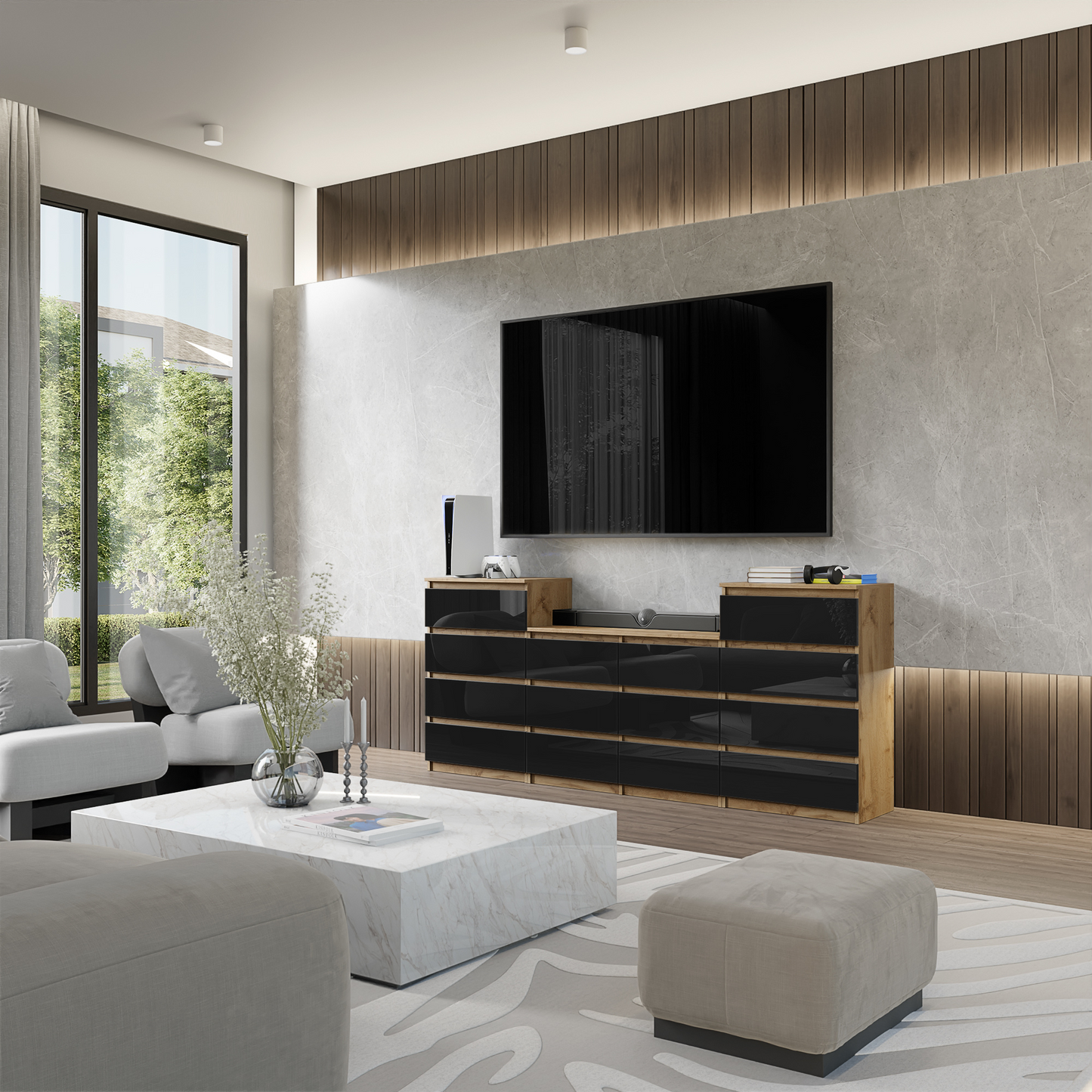 GABRIEL - Kommode / Sideboard mit 14 Schubladen (4+6+4) - Wotan Eiche / Schwarz Gloss