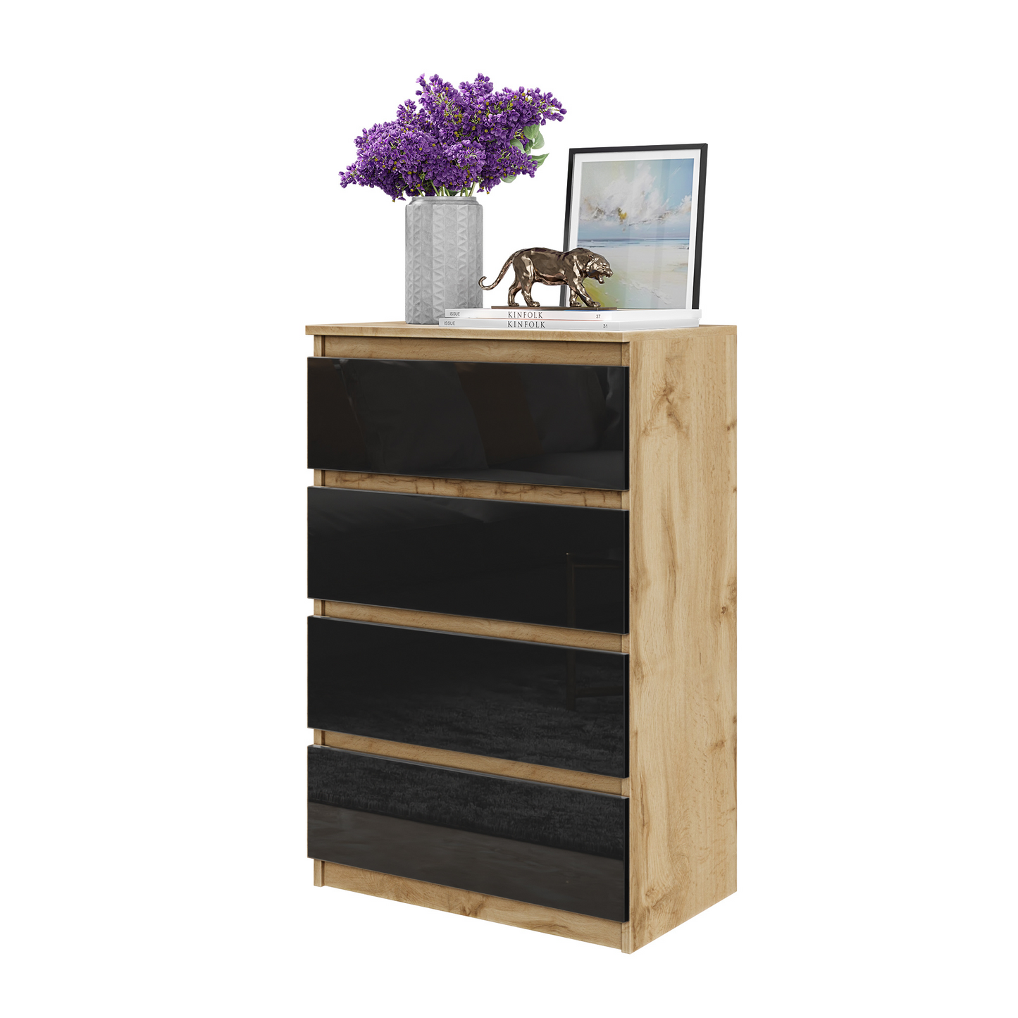 GABRIEL - Kommode / Sideboard mit 4 Schubladen - Wotan Eiche / Schwarz Glanz H92cm B60cm T33cm