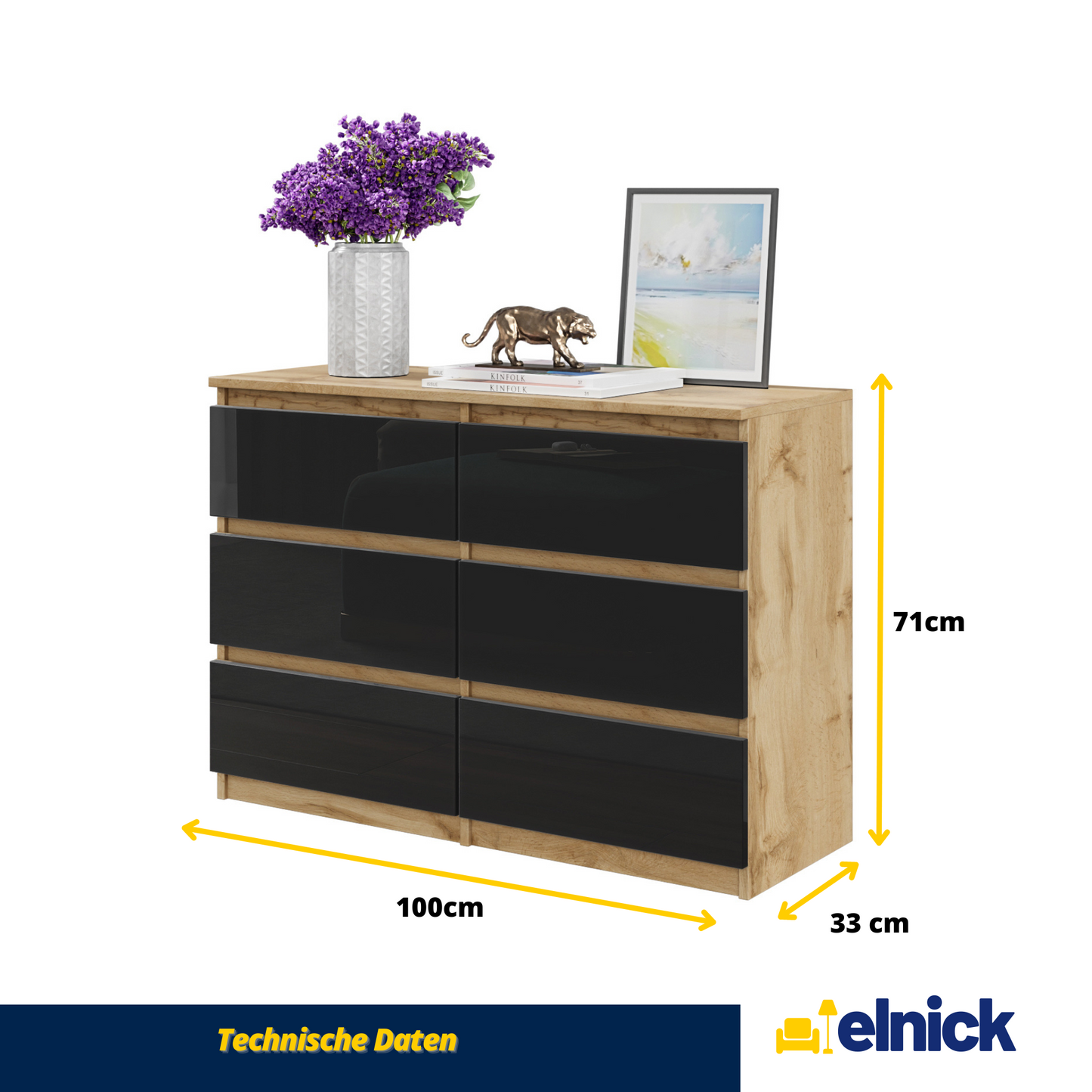GABRIEL - Kommode / Sideboard mit 6 Schubladen - Wotan Eiche / Schwarz Glanz H71cm B100cm T33cm